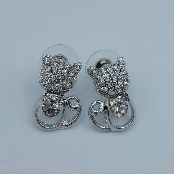 Silvertone Cat Crystal Earrings #1217 - Picture 4 of 11